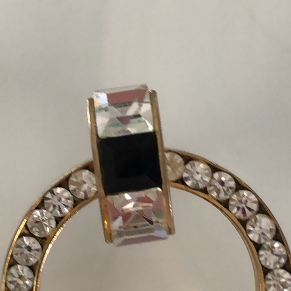 Circular crystal and baguette clear and black stone goldtone earrings - Picture 3 of 5